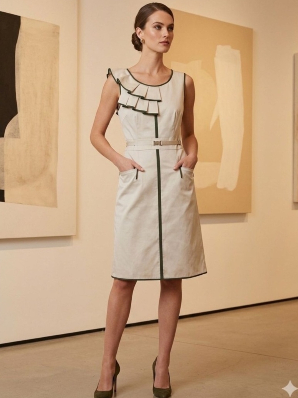 Sinclaire 10  Sleeveless Cream Shift Dress with Dark Green Trim. Size 10